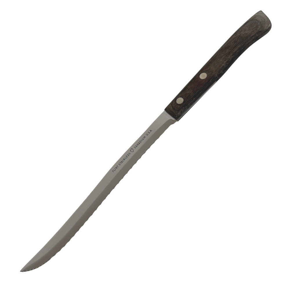 Vintage Flint Stainless Vanadium USA Serrated Carving Slicing Knife Wood Handle
